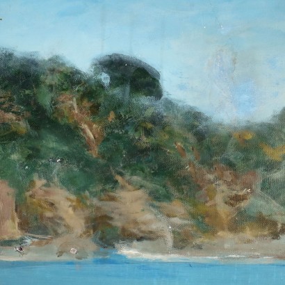 arte, arte italiano, pintura italiana del siglo XX,Pintura con paisaje de Berto Ferrari%2,Playa de Liguria,Berto Ferrari